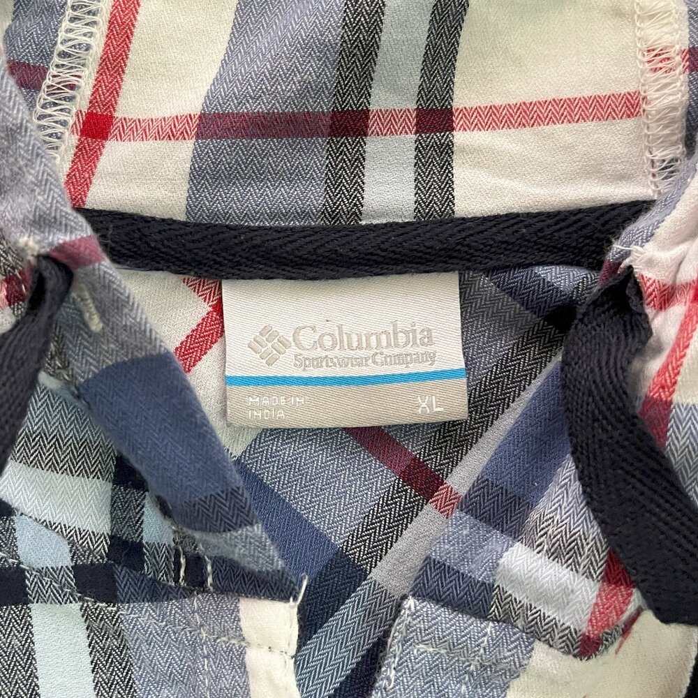 Columbia Flannel Womens XL Red White Blue Plaid Drawstring Button Up Hoodie - Picture 7 of 13